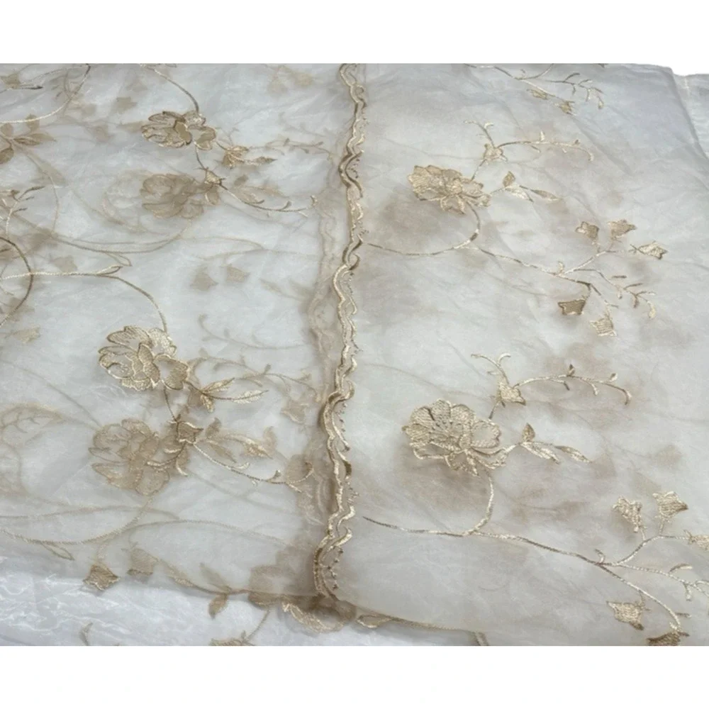Single Embroidered Gossamer Net Curtain Panel w/ Attached Valance Gold Ivory